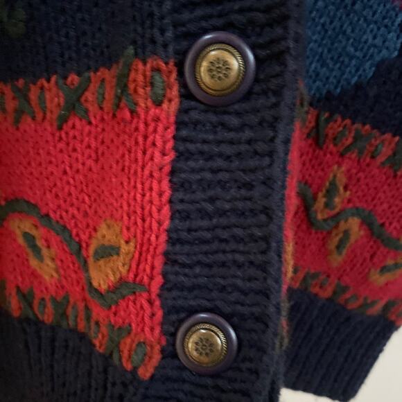 Le Moda Knitwear Womens Sweater Cardigan Knitted by Hand Floral Navy Size Large - Picture 4 of 6